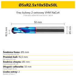 Frez kulowy 2-ostrzowy VHM NaCo4 Ø5xR2.5x10x5Dx50L