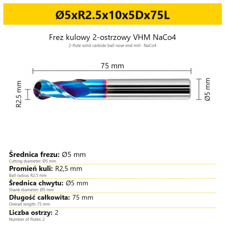 Frez kulowy 2-ostrzowy VHM NaCo4 Ø5xR2.5x10x5Dx75L