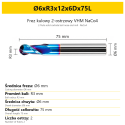 Frez kulowy 2-ostrzowy VHM NaCo4 Ø6xR3x12x6Dx75L