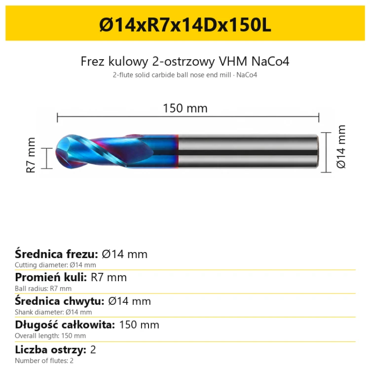 Frez kulowy 2-ostrzowy VHM NaCo4 Ø14xR7x14Dx150L