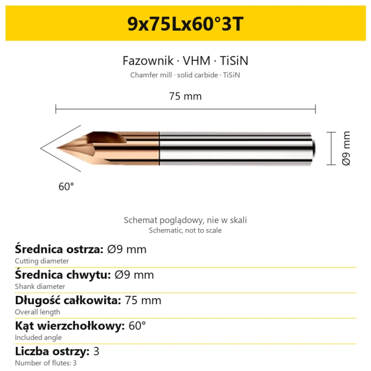 Fazownik VHM TiSiN 9x75Lx60°3T