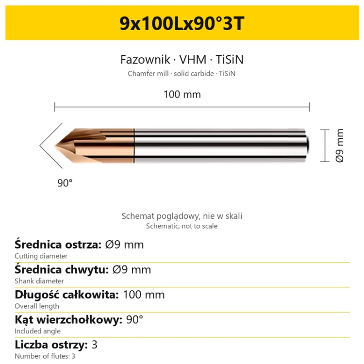 Fazownik VHM TiSiN 9x100Lx90°3T