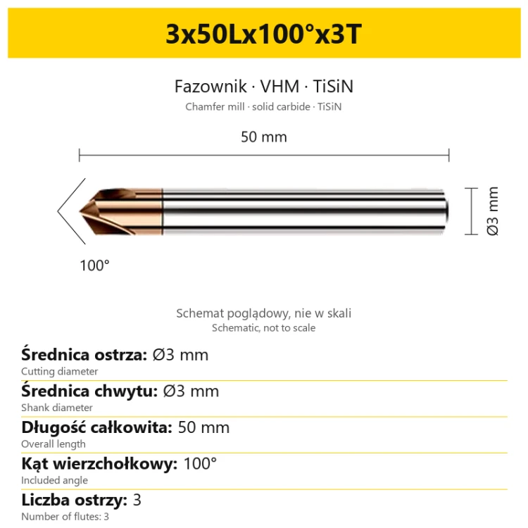 Fazownik VHM TiSiN 3x50Lx100°x3T