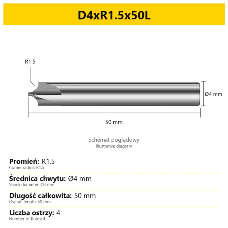 Corner rounding end mill — D4xR1.5x50L — PL/EN