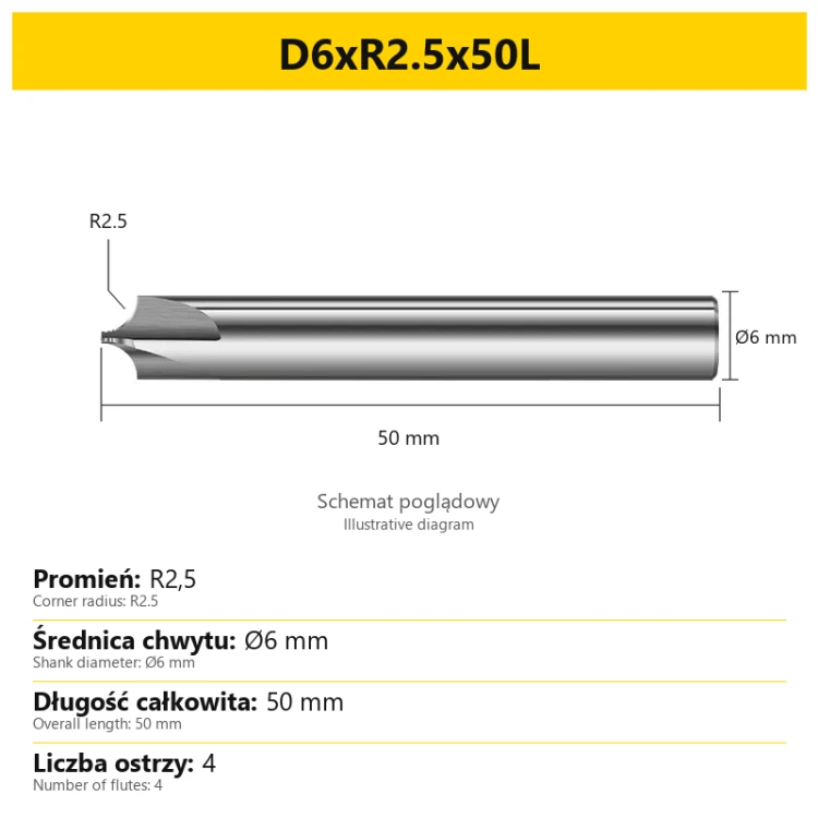 Corner rounding end mill — D6xR2.5x50L — PL/EN