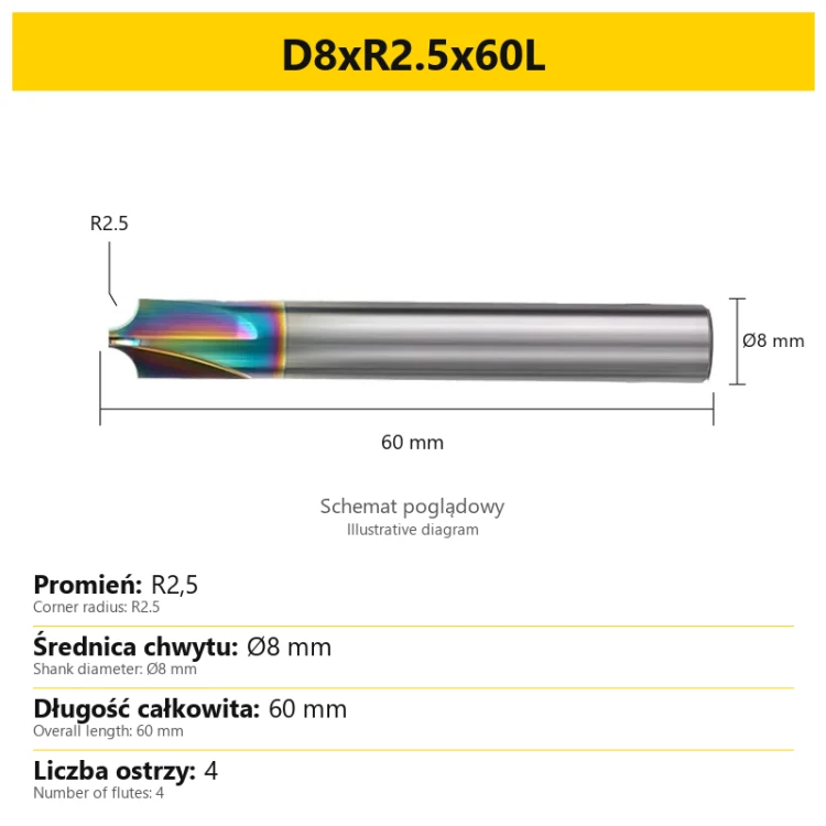 Corner rounding end mill — D8xR2.5x60L — PL/EN