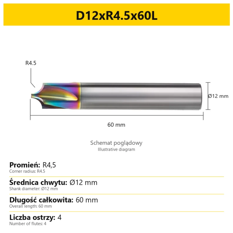 Corner rounding end mill — D12xR4.5x60L — PL/EN