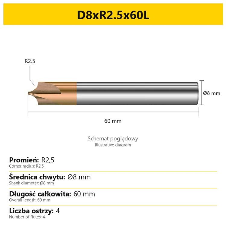 Corner rounding end mill — D8xR2.5x60L — PL/EN