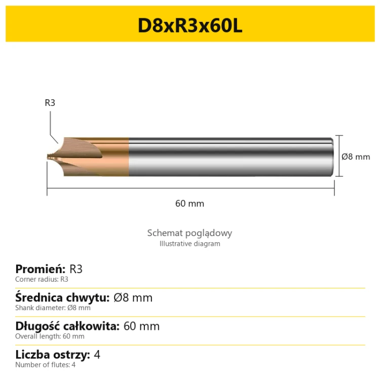 Corner rounding end mill — D8xR3x60L — PL/EN