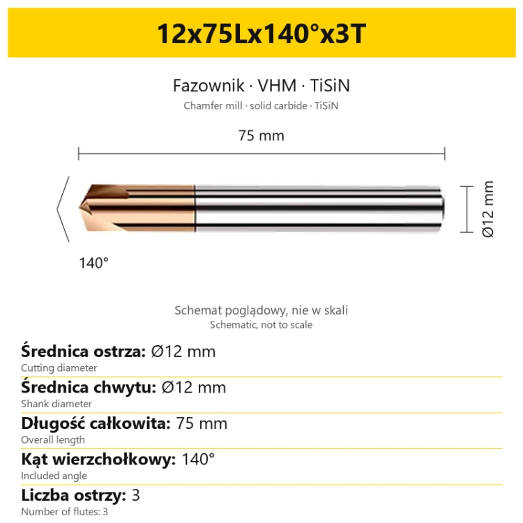 Fazownik VHM TiSiN 12x75Lx140°x3T