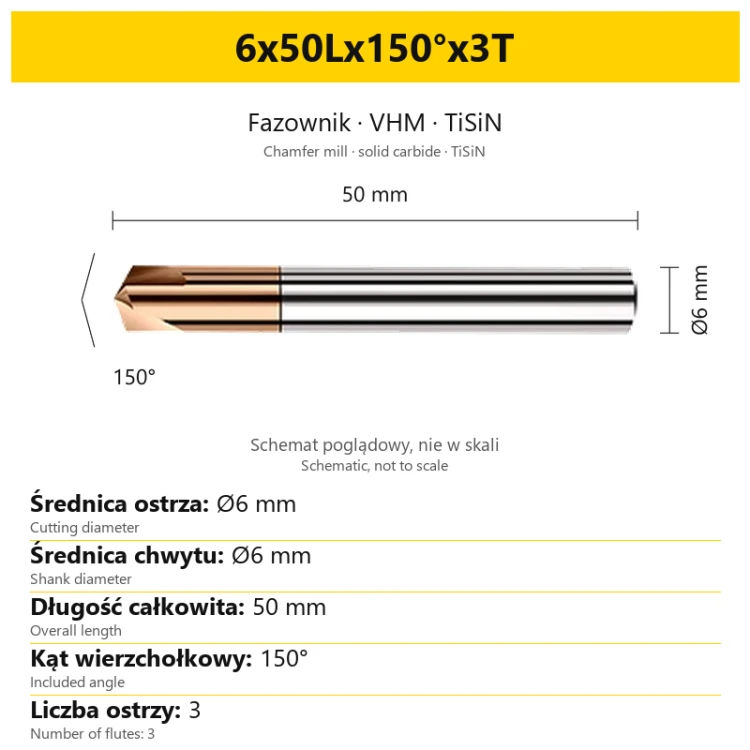 Fazownik VHM TiSiN 6x50Lx150°x3T