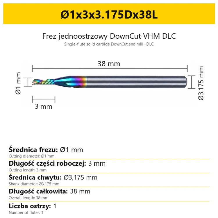 Frez jednoostrzowy DownCut VHM DLC Ø1x3x3.175Dx38L