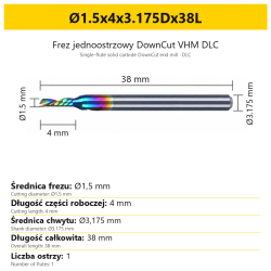 Frez jednoostrzowy DownCut VHM DLC Ø1.5x4x3.175Dx38L