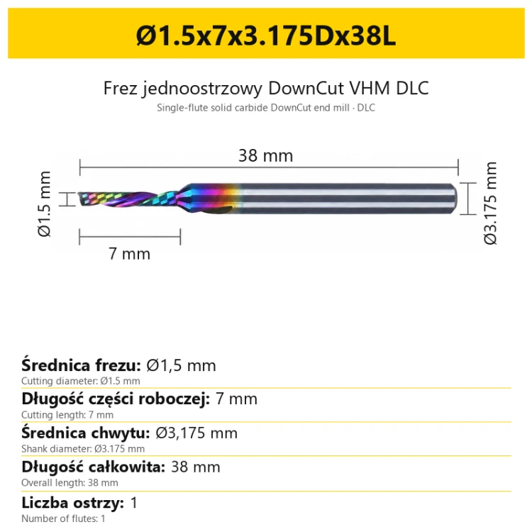 Frez jednoostrzowy DownCut VHM DLC Ø1.5x7x3.175Dx38L