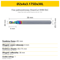 Frez jednoostrzowy DownCut VHM DLC Ø2x4x3.175Dx38L