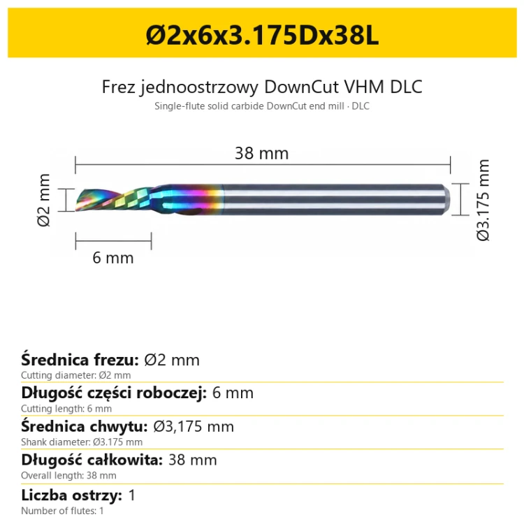 Frez jednoostrzowy DownCut VHM DLC Ø2x6x3.175Dx38L