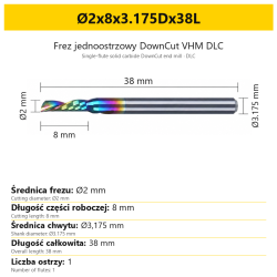 Frez jednoostrzowy DownCut VHM DLC Ø2x8x3.175Dx38L