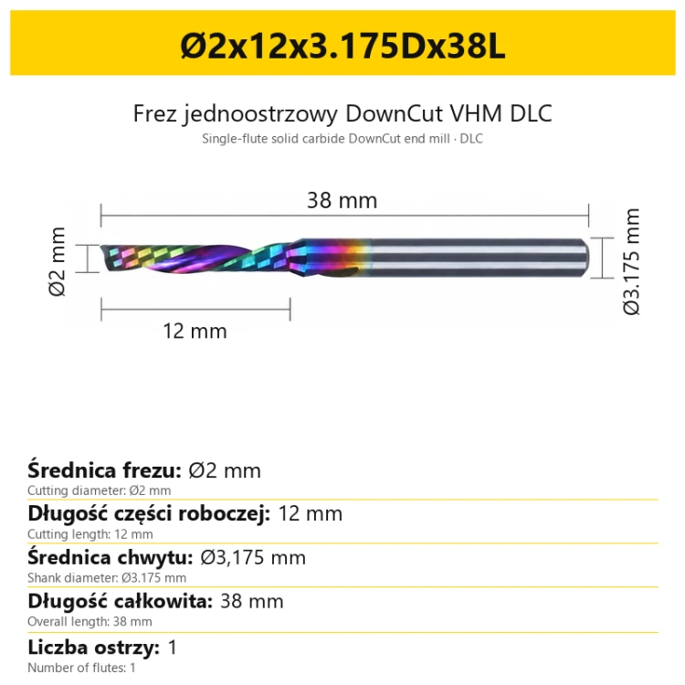 Frez jednoostrzowy DownCut VHM DLC Ø2x12x3.175Dx38L