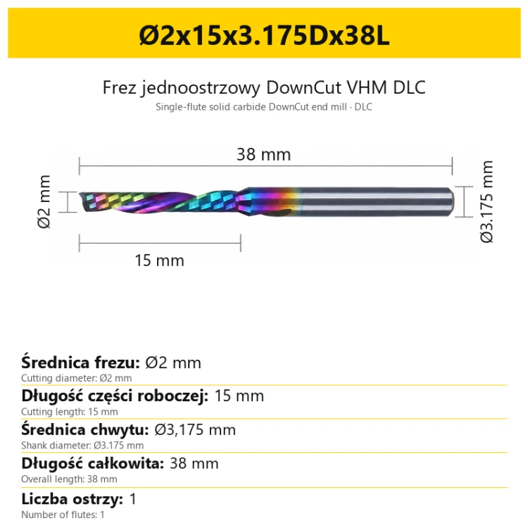 Frez jednoostrzowy DownCut VHM DLC Ø2x15x3.175Dx38L