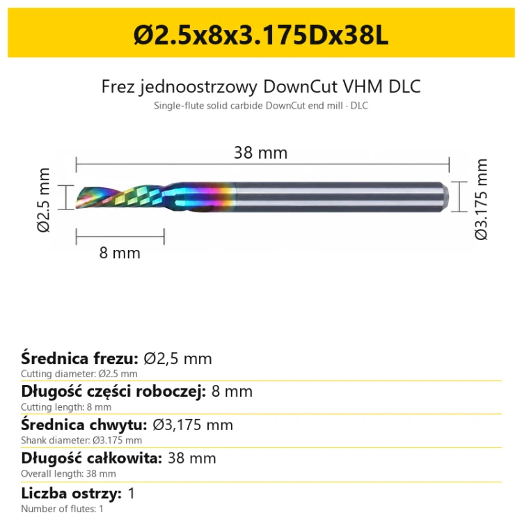 Frez jednoostrzowy DownCut VHM DLC Ø2.5x8x3.175Dx38L