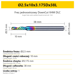 Frez jednoostrzowy DownCut VHM DLC Ø2.5x10x3.175Dx38L
