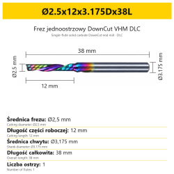 Frez jednoostrzowy DownCut VHM DLC Ø2.5x12x3.175Dx38L