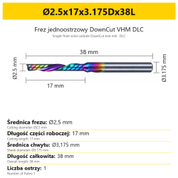Frez jednoostrzowy DownCut VHM DLC Ø2.5x17x3.175Dx38L