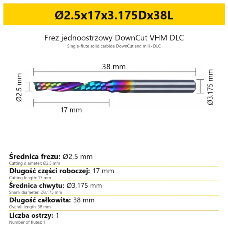 Frez jednoostrzowy DownCut VHM DLC Ø2.5x17x3.175Dx38L