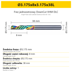 Frez jednoostrzowy DownCut VHM DLC Ø3.175x8x3.175x38L