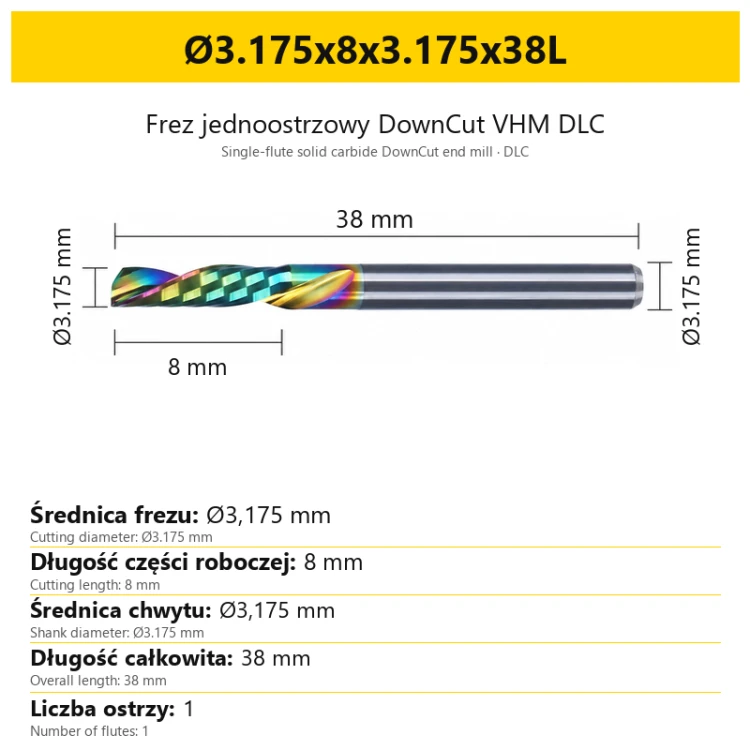 Frez jednoostrzowy DownCut VHM DLC Ø3.175x8x3.175x38L