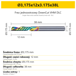 Frez jednoostrzowy DownCut VHM DLC Ø3,175x12x3.175x38L