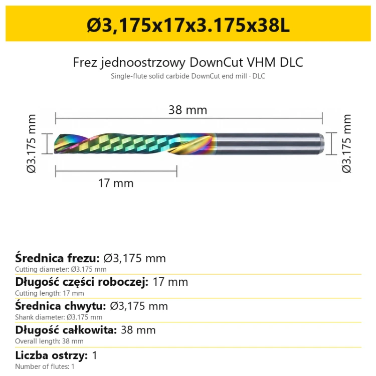 Frez jednoostrzowy DownCut VHM DLC Ø3,175x17x3.175x38L