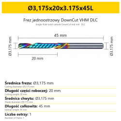 Frez jednoostrzowy DownCut VHM DLC Ø3,175x20x3.175x45L