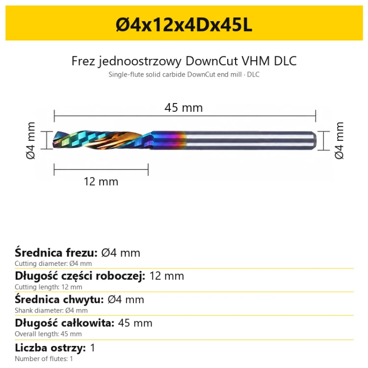 Frez jednoostrzowy DownCut VHM DLC Ø4x12x4Dx45L