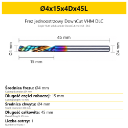 Frez jednoostrzowy DownCut VHM DLC Ø4x15x4Dx45L