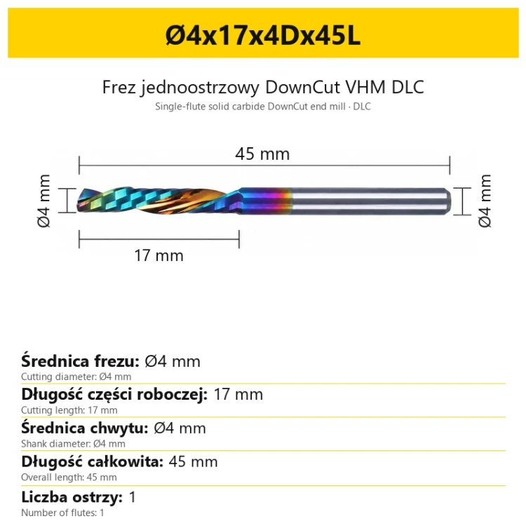 Frez jednoostrzowy DownCut VHM DLC Ø4x17x4Dx45L