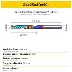 Frez jednoostrzowy DownCut VHM DLC Ø4x25x4Dx50L