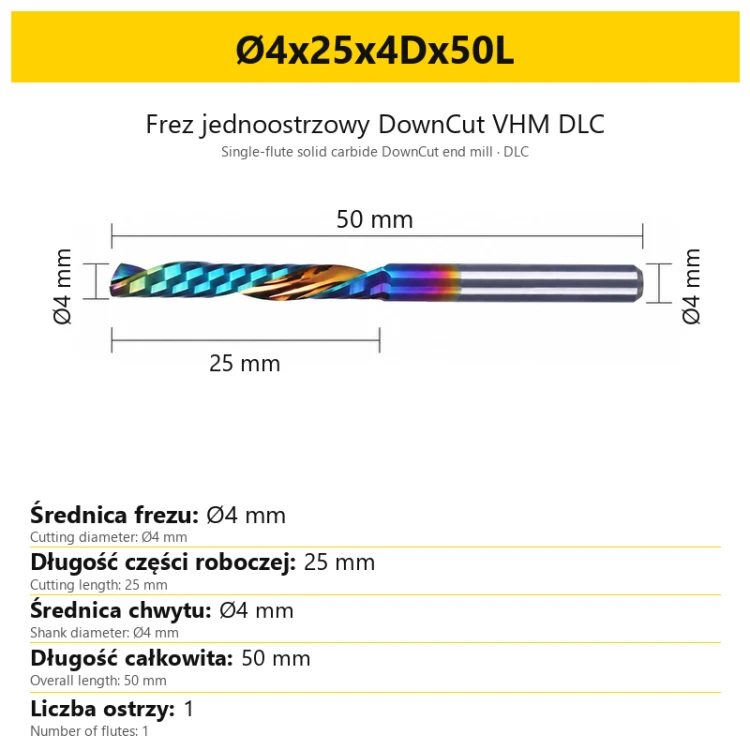 Frez jednoostrzowy DownCut VHM DLC Ø4x25x4Dx50L