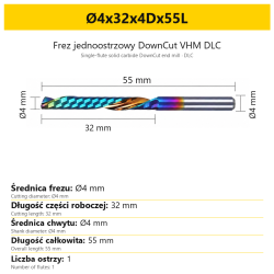 Frez jednoostrzowy DownCut VHM DLC Ø4x32x4Dx55L