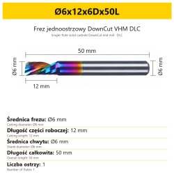 Frez jednoostrzowy DownCut VHM DLC Ø6x12x6Dx50L