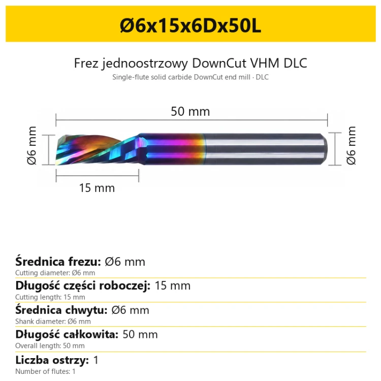 Frez jednoostrzowy DownCut VHM DLC Ø6x15x6Dx50L