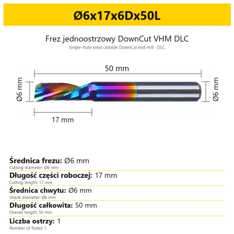 Frez jednoostrzowy DownCut VHM DLC Ø6x17x6Dx50L