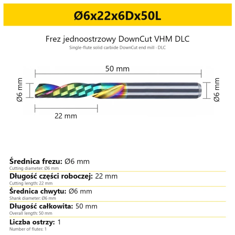 Frez jednoostrzowy DownCut VHM DLC Ø6x22x6Dx50L