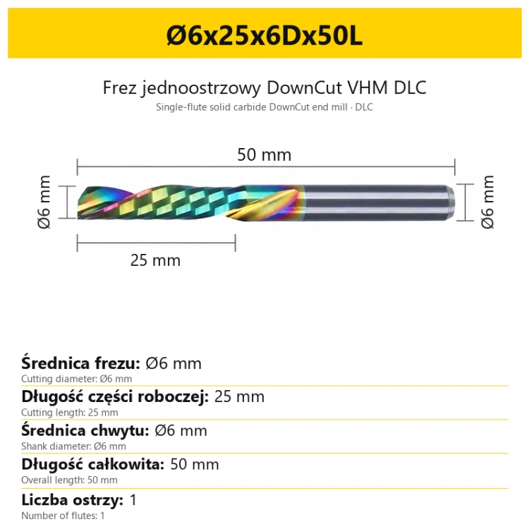 Frez jednoostrzowy DownCut VHM DLC Ø6x25x6Dx50L