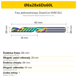 Frez jednoostrzowy DownCut VHM DLC Ø6x28x6Dx60L