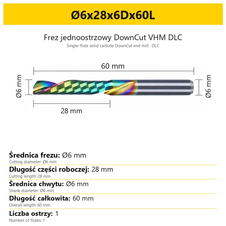 Frez jednoostrzowy DownCut VHM DLC Ø6x28x6Dx60L