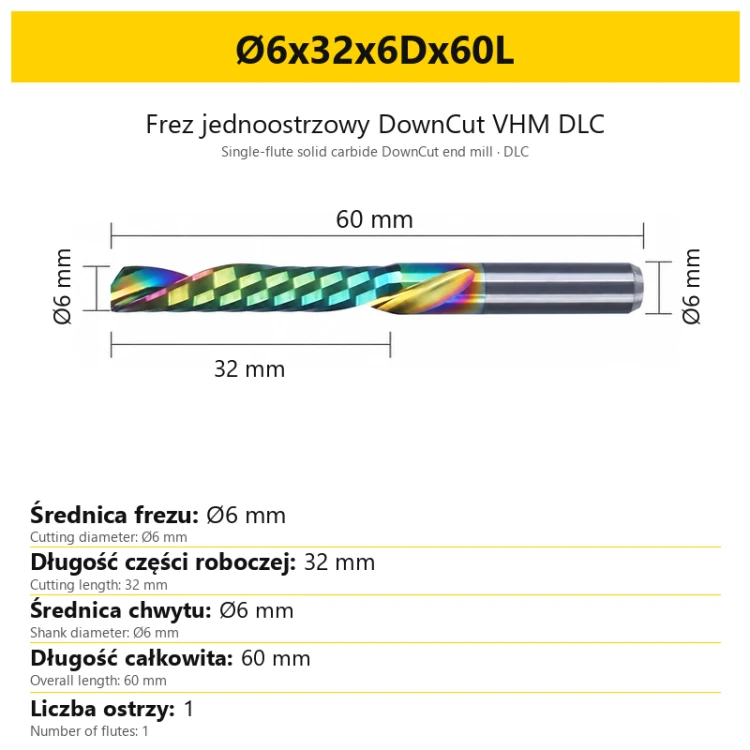 Frez jednoostrzowy DownCut VHM DLC Ø6x32x6Dx60L