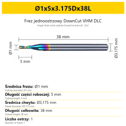 Frez jednoostrzowy DownCut VHM DLC Ø1x5x3.175Dx38L