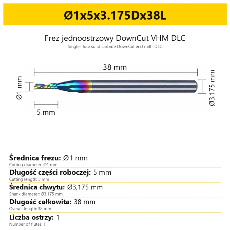 Frez jednoostrzowy DownCut VHM DLC Ø1x5x3.175Dx38L