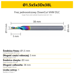 Frez jednoostrzowy DownCut VHM DLC Ø1.5x5x3Dx38L